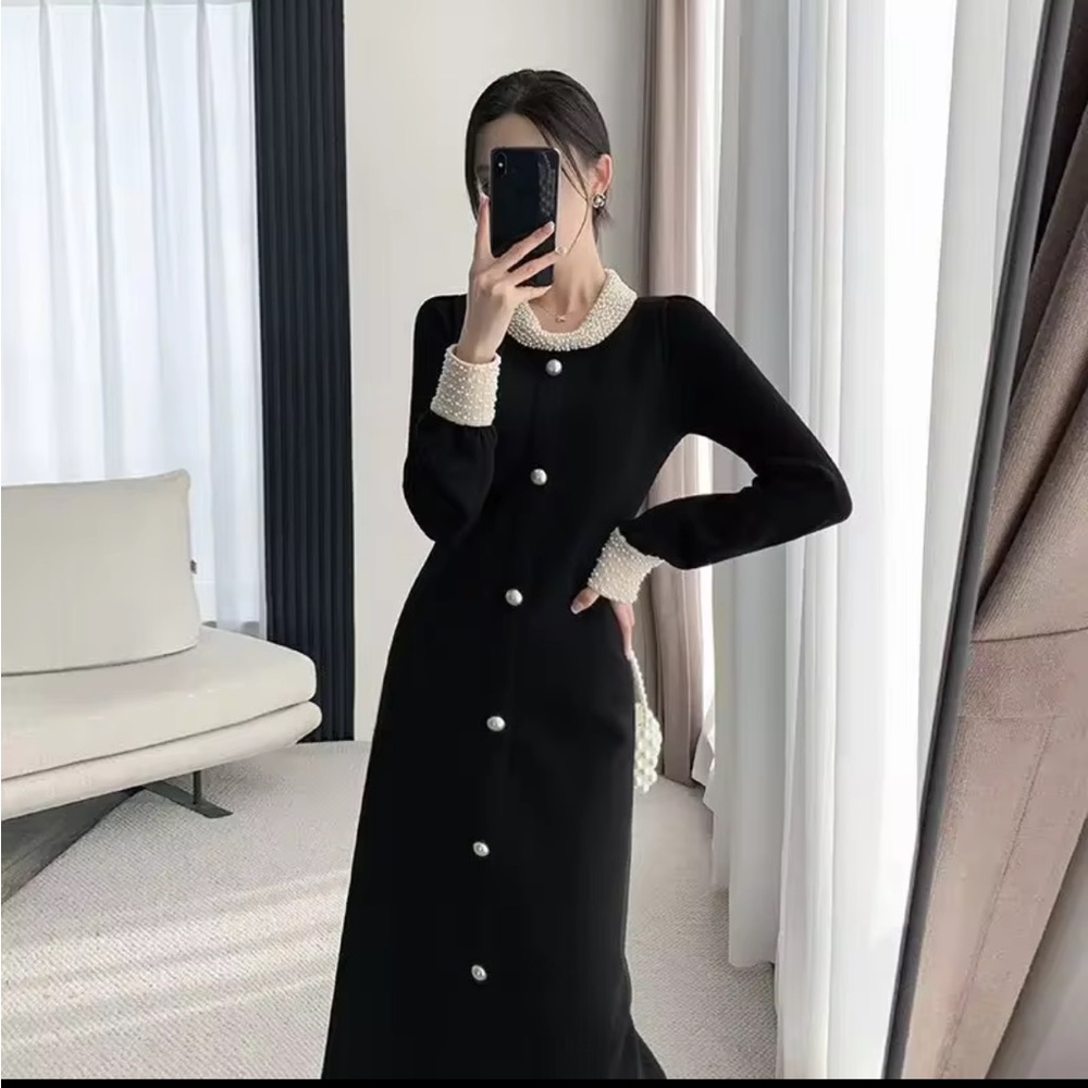 New Elegant Black Dress with Pearl Accents